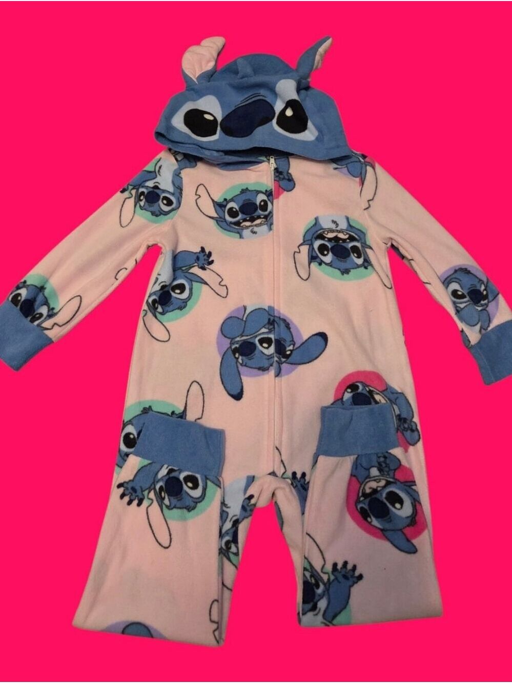 NWT Disney Lilo & Stitch Girls Pink Fleece Hooded One-Piece Pajamas Size 4